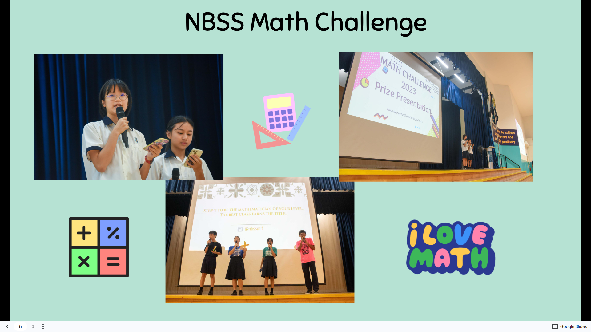 Slide titled NBSS Math Challenge with photos of students presenting on stage and math-themed icons and I LOVE MATH text